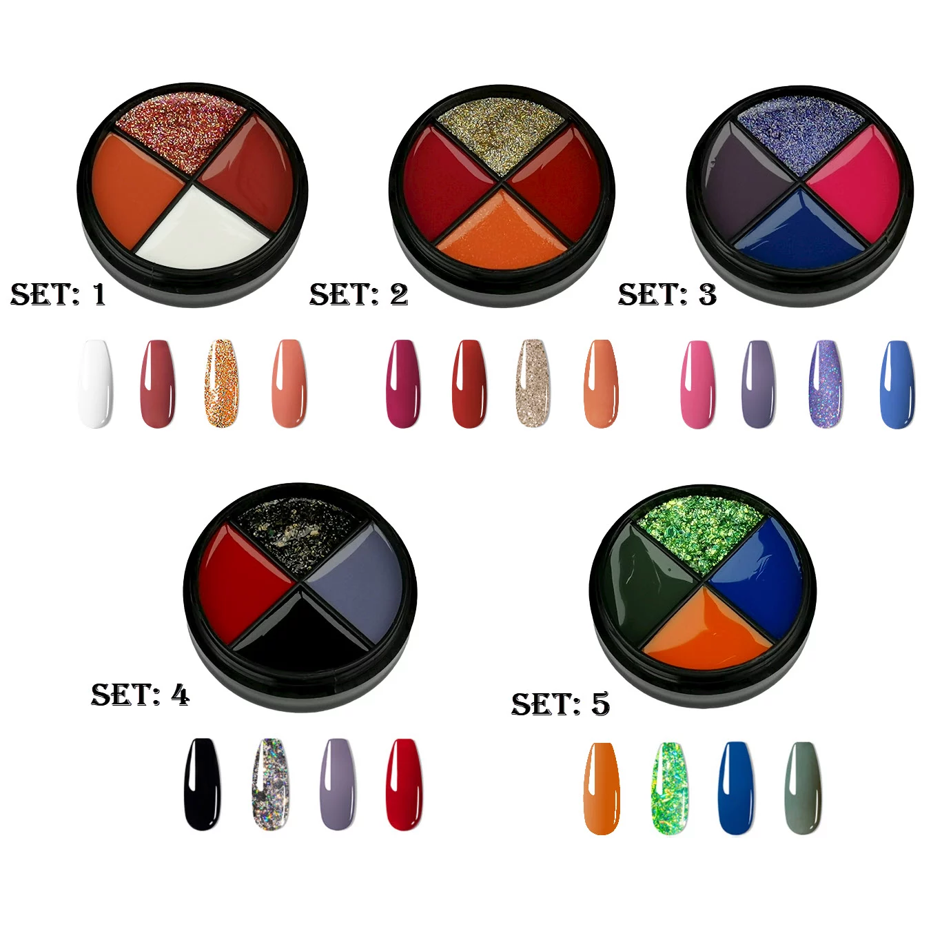 Product image Cream gel polish many different colors, blue, red, black, orange, white and green or gold glimmer glitter