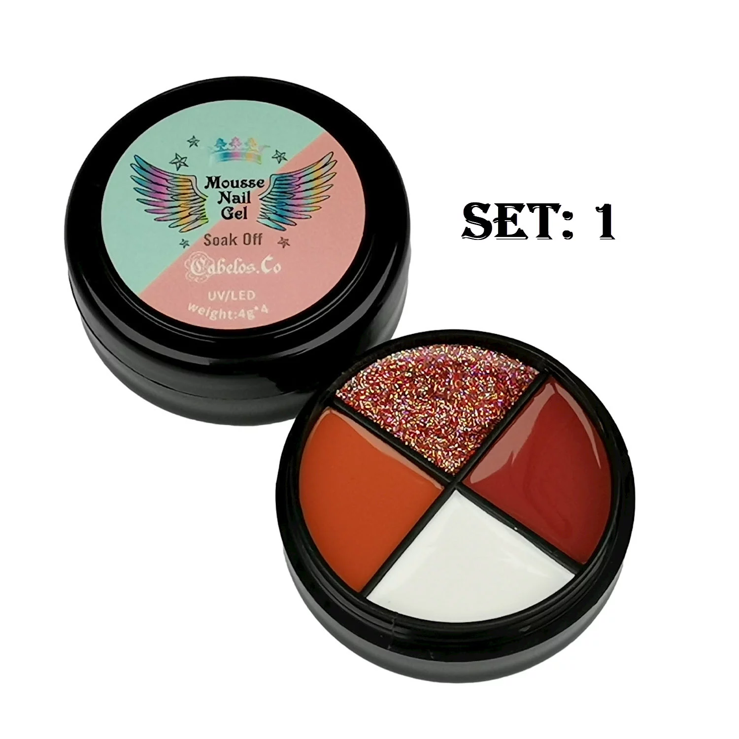 Product image Mousse UV Nail Gel - Gel Polish many different colors, blue, red, black, orange, white and green or gold glimmer glitter set 1